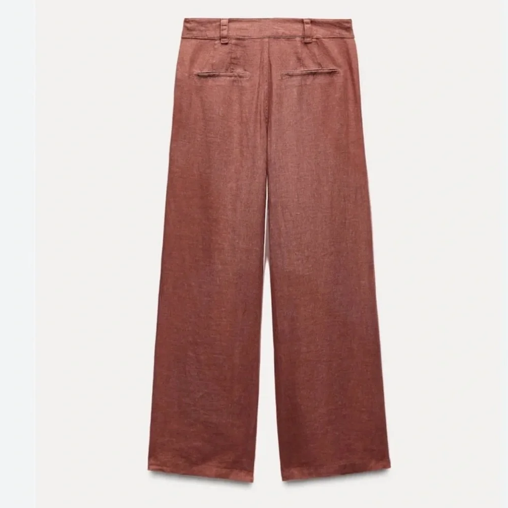 ZARA Terracotta Linen Wide Leg Pleated Pants Rust Brown Boho Trouser Women’s M